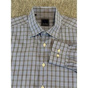 David Donahue Dress Shirt Mens 17.5 34/35 Blue Grey Plaid Cotton Long Sleeve‎
